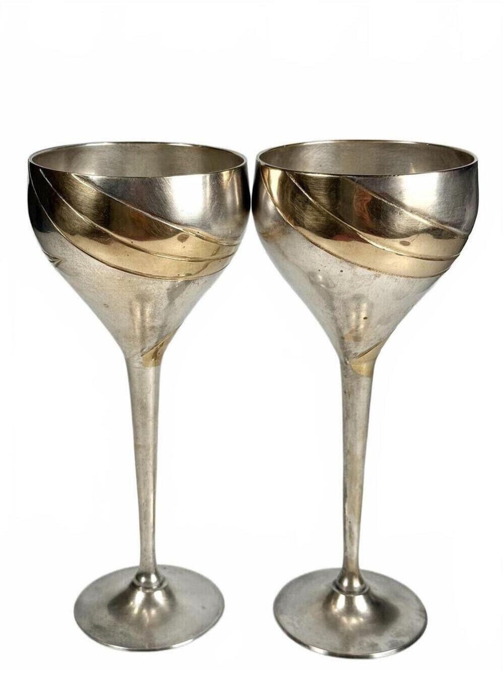 Vintage Pair of Silver Plated Brass Wine Goblets Gold Two-Tone Swirl India 8 in